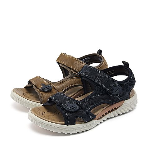 belle/百丽2018夏新品黑色磨砂牛皮革男皮凉鞋23381bl8