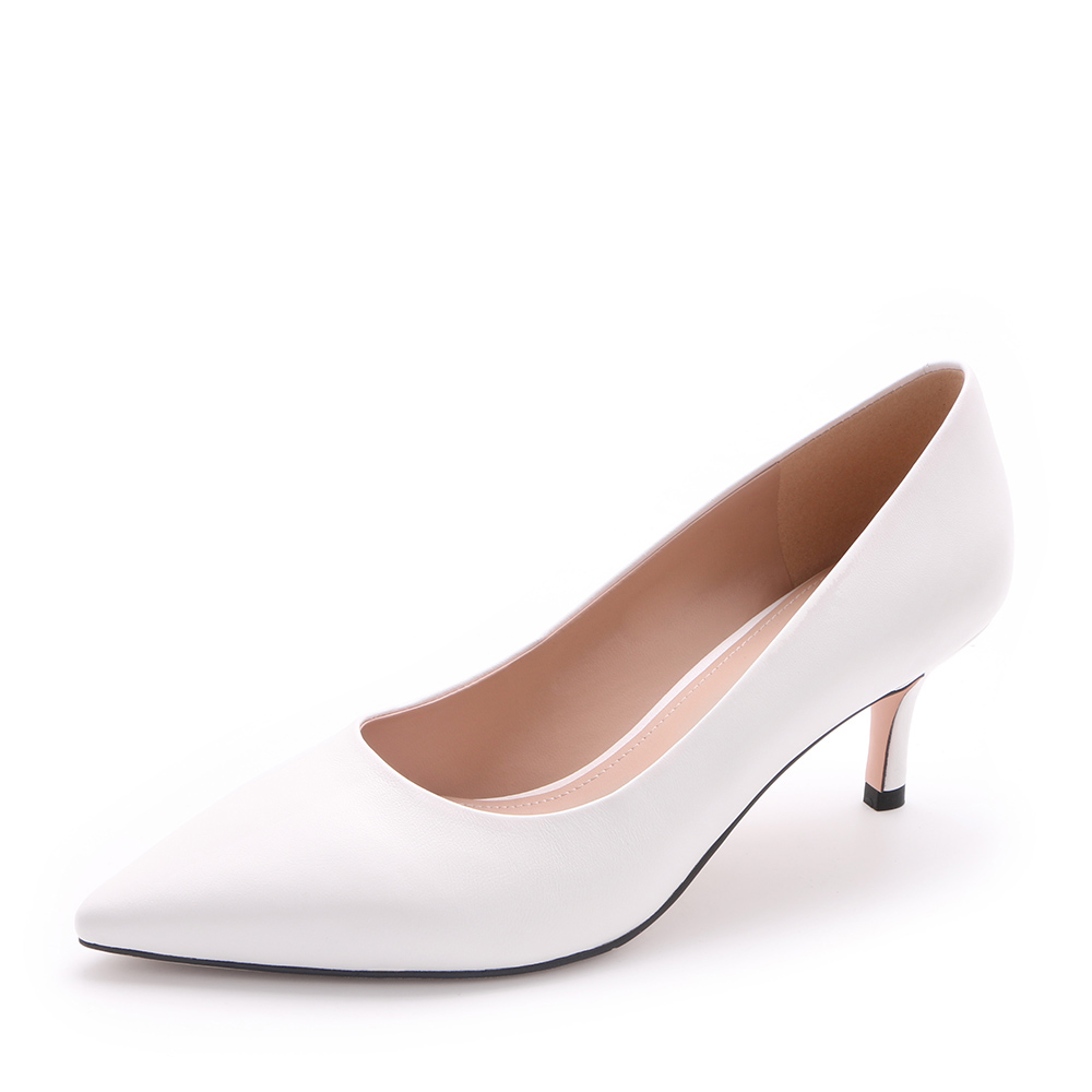 belle/百丽米色绵羊皮女尖头细高跟ol通勤浅口单鞋bycd5aq8