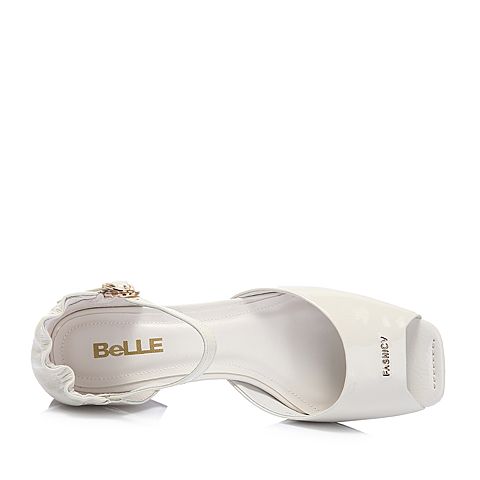 BELLE/百丽专柜同款白色皱牛漆皮革女皮鱼嘴鞋S5K1DAU8