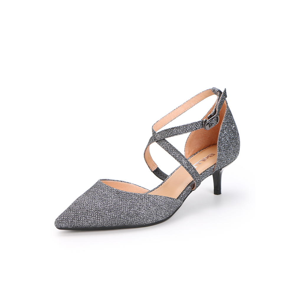 belle/百丽2018夏新银灰纺织品中空尖头细跟女凉鞋28925bk8