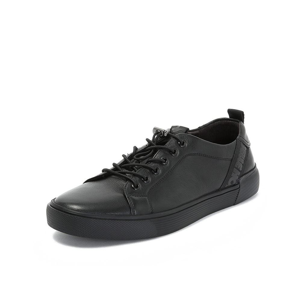 belle/百丽2018秋专柜新款黑色油皮牛皮革松紧带男休闲板鞋b99a4cm8