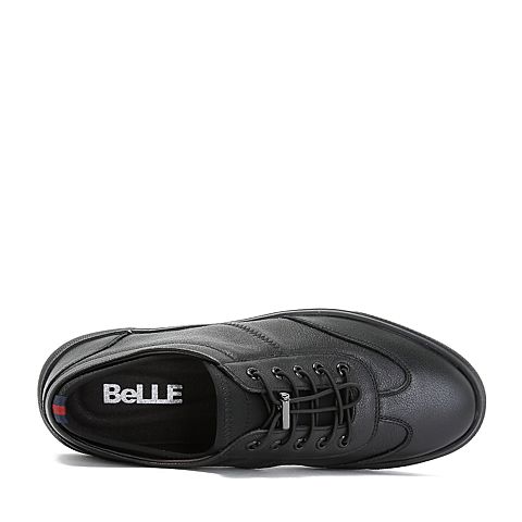 belle/百丽2018秋专柜新款黑色荔纹牛皮革平底男休闲鞋b99a6cm8