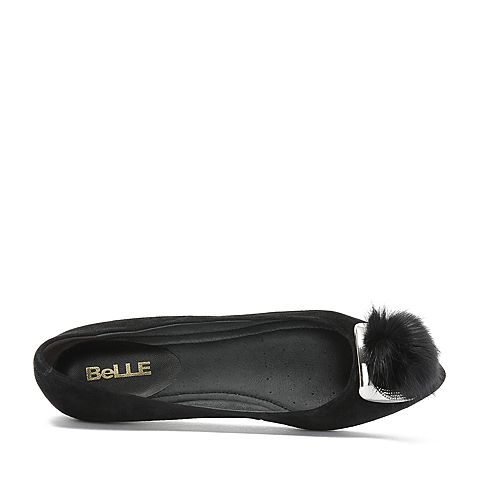 BELLE/百丽专柜同款黑色羊绒皮革尖头内增高女单鞋BZN15CQ8