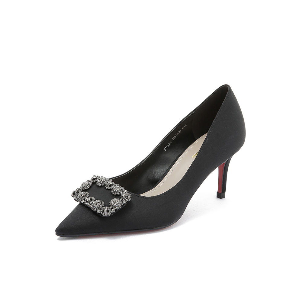 belle/百丽专柜同款黑色方钻装饰沙丁布尖头细跟女单鞋bva03cq8