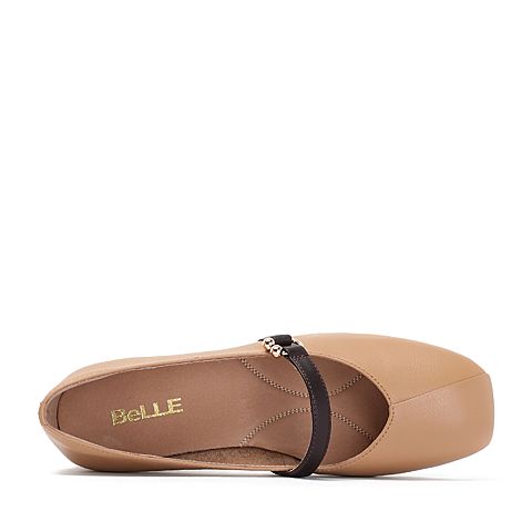 BELLE/百丽专柜同款杏色牛皮革复古女单鞋奶奶鞋S7J2DCQ8