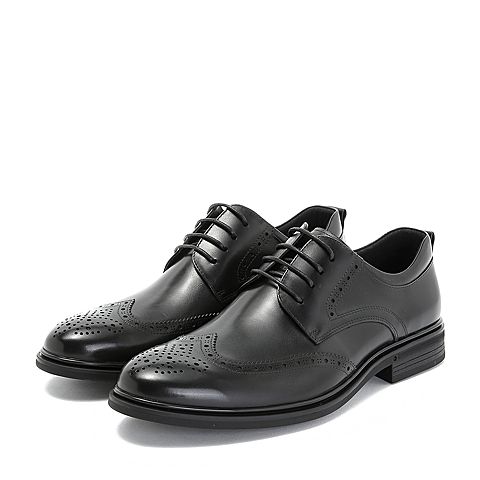 BELLE/百丽商场同款黑色布洛克雕花牛皮革系带正装男皮鞋5TH01CM8