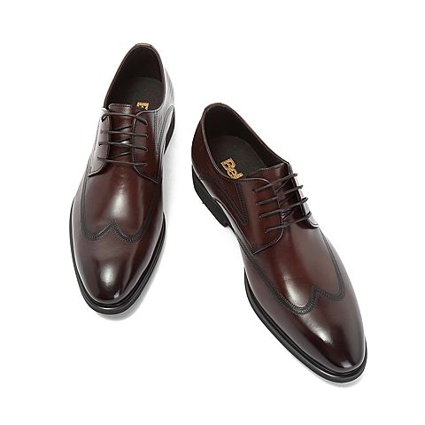 BELLE/百丽商场同款棕色布洛克雕花牛皮革系带正装男皮鞋5US01CM8