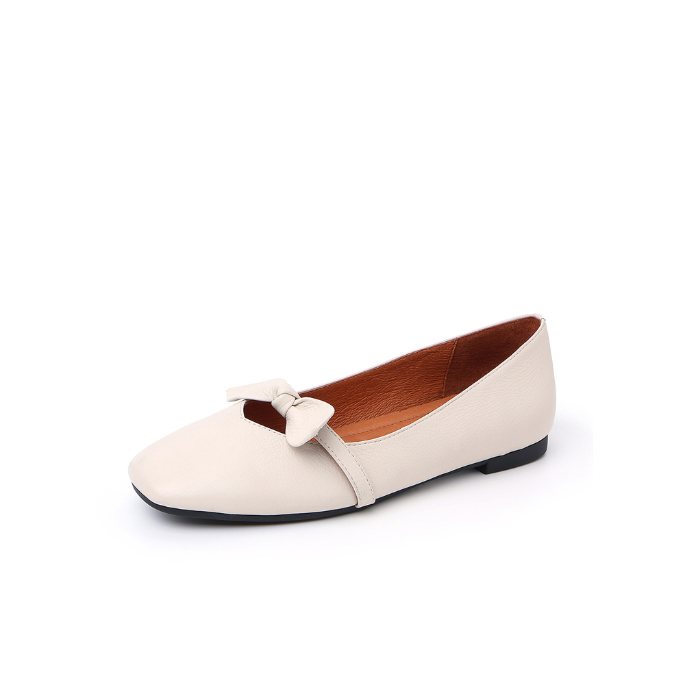 belle/百丽米白牛皮革方头蝴蝶结小清奶奶鞋女单鞋02380cq8