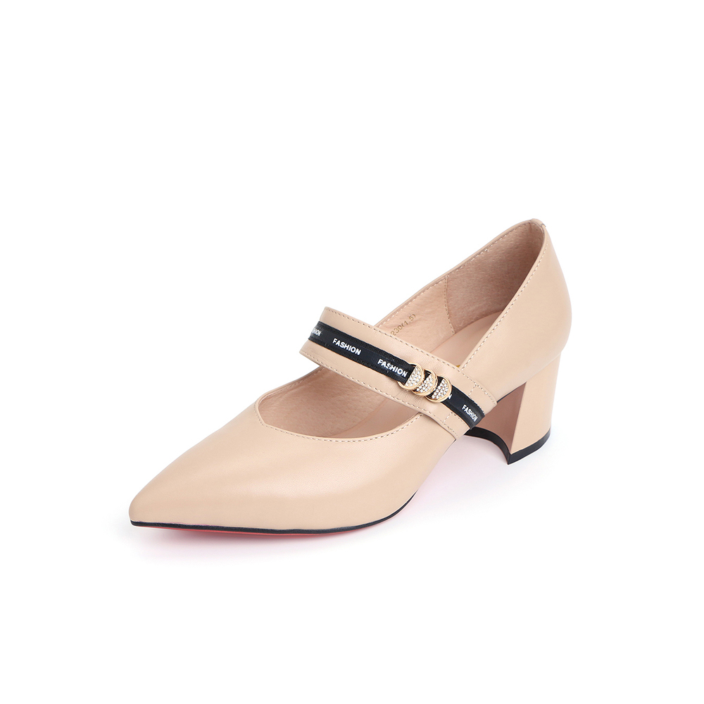 belle/百丽专柜同款米白牛皮革尖头玛丽珍粗跟女单鞋s9g1dcq8