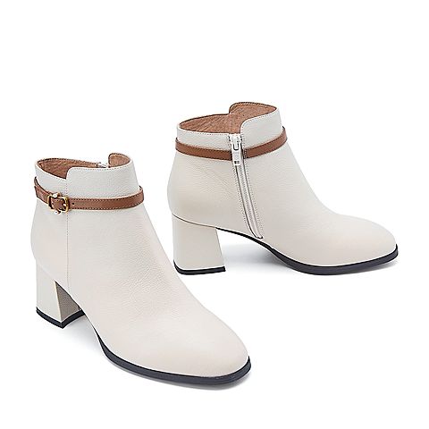 BELLE/百丽专柜同款荔纹小牛皮革粗跟女及踝靴BVH44DD8