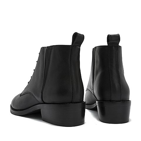 BELLE/百丽专柜同款黑色牛皮革系带尖头女皮短靴T1A2DDD8
