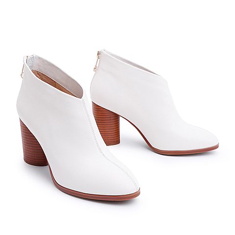 BELLE/百丽小白靴专柜同款白色牛皮革女尖头粗跟及踝靴T1B1DDD8