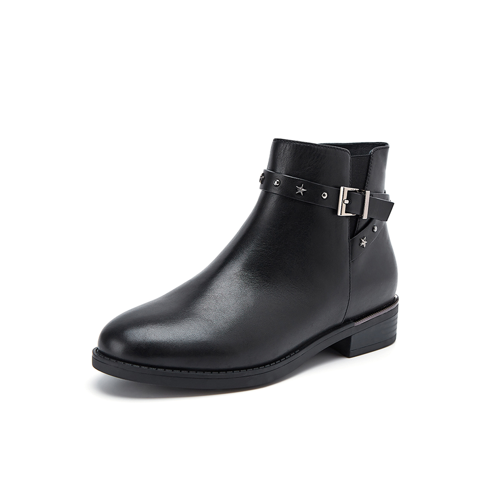 belle/百丽2018冬新款油皮牛皮革及踝靴粗跟女皮靴bd748dd8