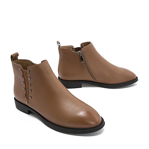 BELLE/百丽专柜同款棕色牛皮革切尔西靴女及踝靴T1N1DDD8