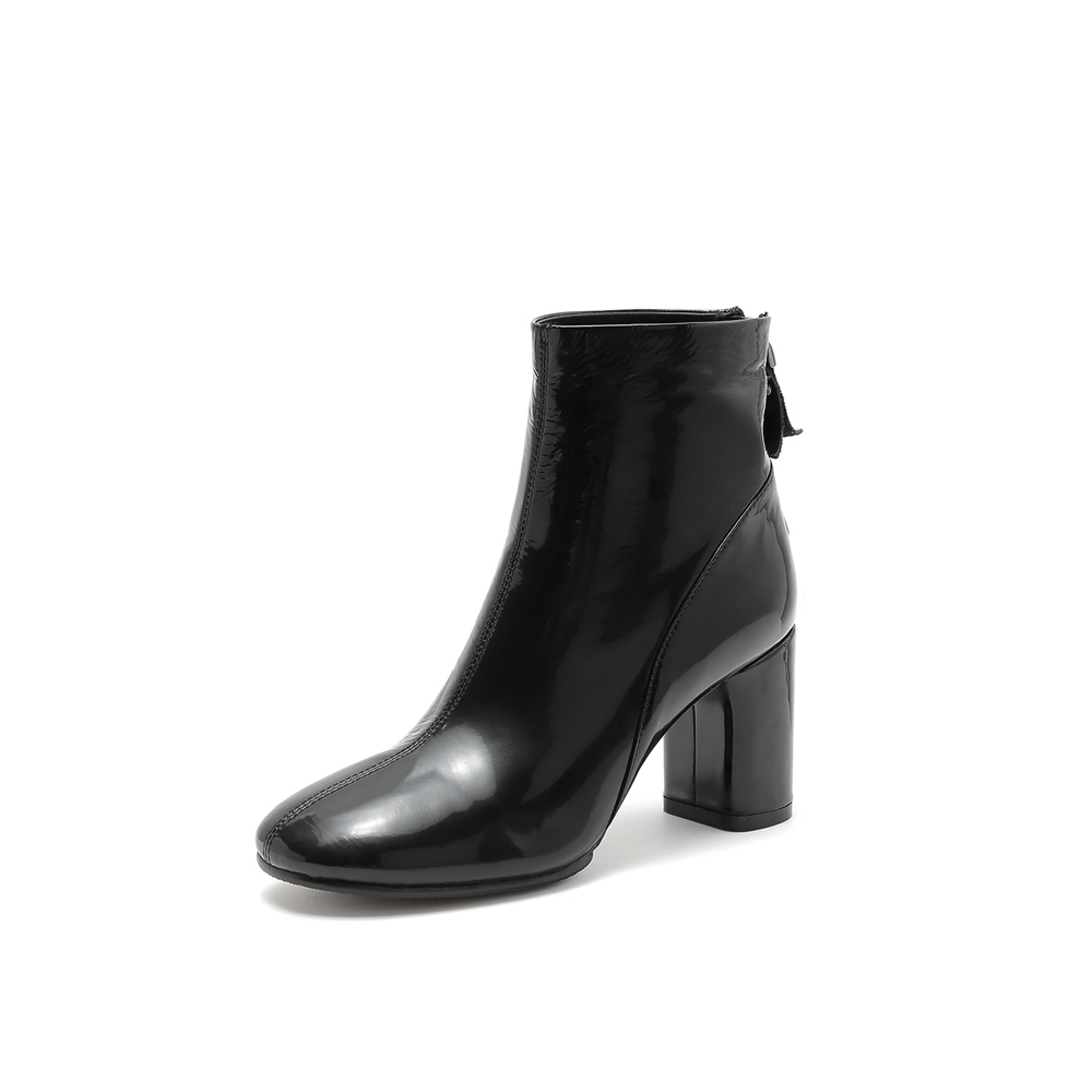 belle/百丽2018冬季专柜新款漆牛皮革粗跟女皮靴20183dd8