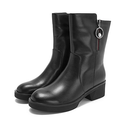 BELLE/百丽商场同款牛皮革骑士靴保暖女中靴（绒里）T1P1DDZ8