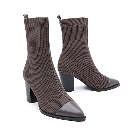 BELLE/百丽瘦瘦靴专柜同款针织帮面袜靴尖头女西部靴BVQ60DZ8