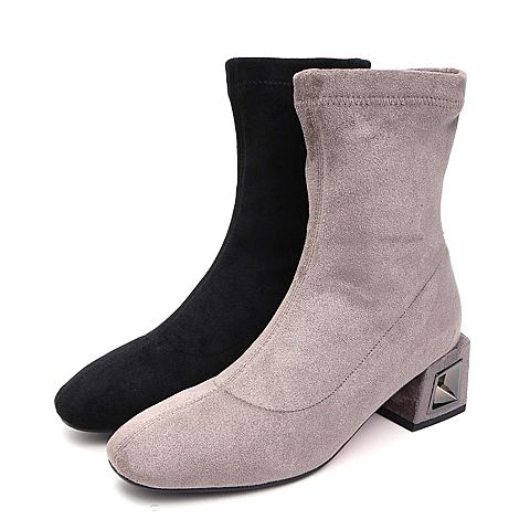 BELLE/百丽商场同款弹力布方跟女中靴弹力靴（薄绒里）T3G1DDZ8