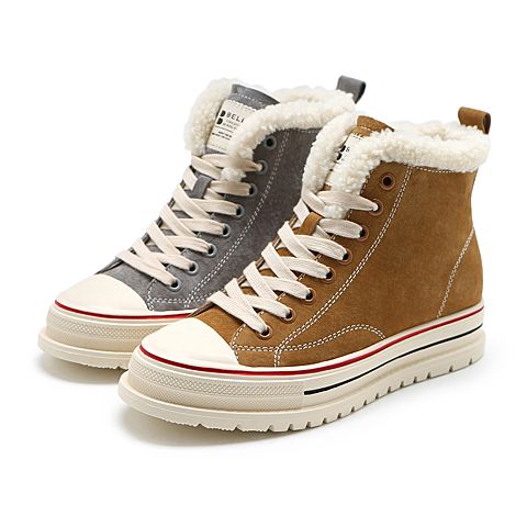 BELLE/百丽冬季猪巴戈女毛边高帮板鞋休闲靴87219DD9