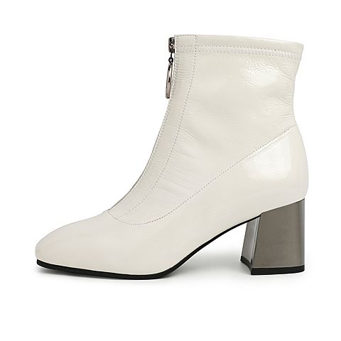 BELLE/百丽冬商场同款前拉链皱漆女皮短靴(单里)3G248DD9