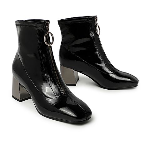 BELLE/百丽冬商场同款前拉链皱漆女皮短靴(绒里)3G248DD9