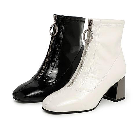 BELLE/百丽冬商场同款前拉链皱漆女皮短靴(绒里)3G248DD9