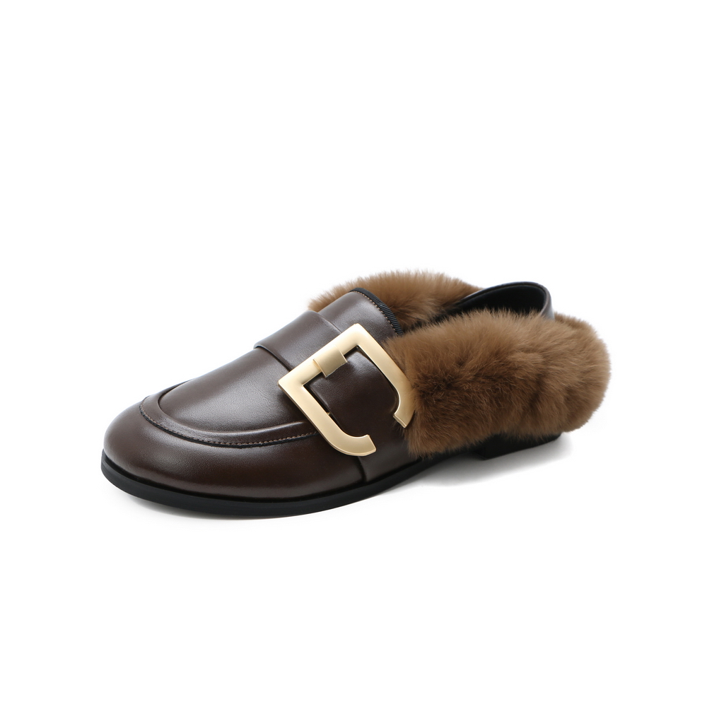 BELLE/百丽牛剖层皮革/兔毛皮革女穆勒鞋(薄绒)19273AM0