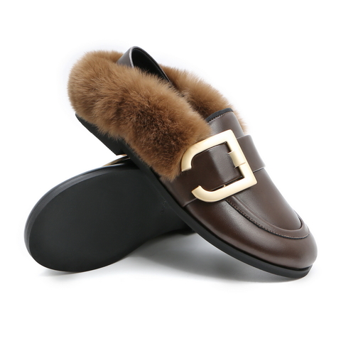 BELLE/百丽牛剖层皮革/兔毛皮革女穆勒鞋(薄绒)19273AM0