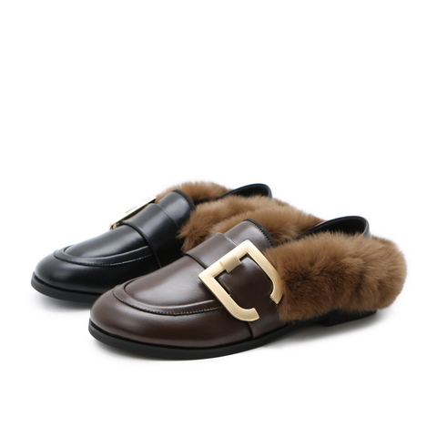 BELLE/百丽牛剖层皮革/兔毛皮革女穆勒鞋(薄绒)19273AM0