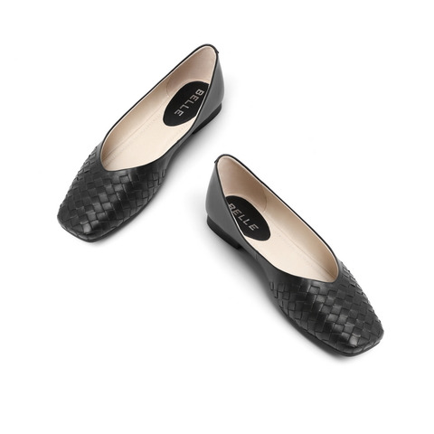 百丽平底单鞋女秋商场新款编织方头浅口奶奶鞋V3T1DCQ0