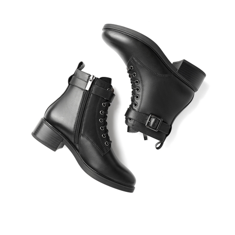 百丽粗跟马丁靴英伦风女冬商场新款女牛皮短靴加绒3FZ52DD0