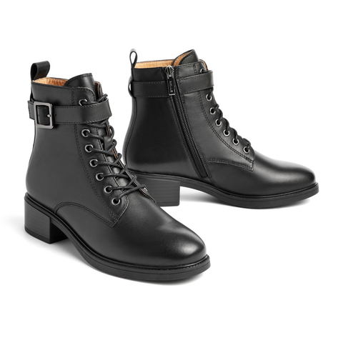 百丽粗跟马丁靴英伦风女冬商场新款女牛皮短靴加绒3FZ52DD0