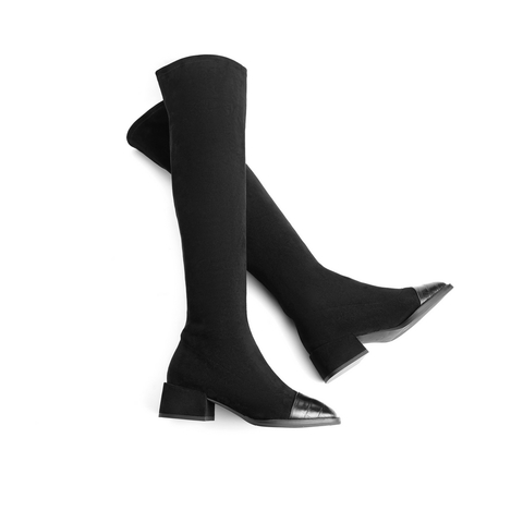 百丽过膝弹力靴女冬新商场同款粗跟瘦瘦长靴加绒V8V1DDC0