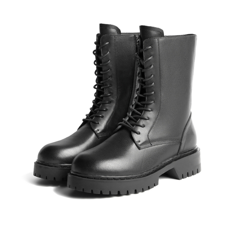 百丽厚底马丁靴英伦风黑色女冬新款时尚皮短靴80171DZ0