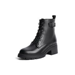 百丽冬新商场同款牛皮革女黑色马丁靴（绒里）W3H1DDD0
