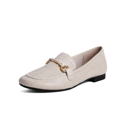 百丽石头纹乐福鞋女2021春新款珍珠羊皮革女休闲小皮鞋59716AQ1