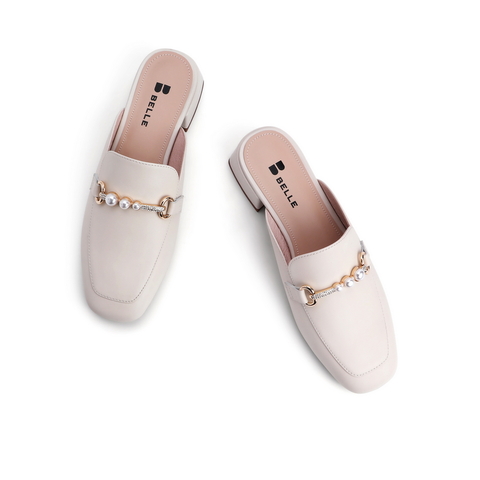 百丽2021春新珍珠装饰女慵懒休闲穆勒鞋半拖鞋外穿3E738AH1