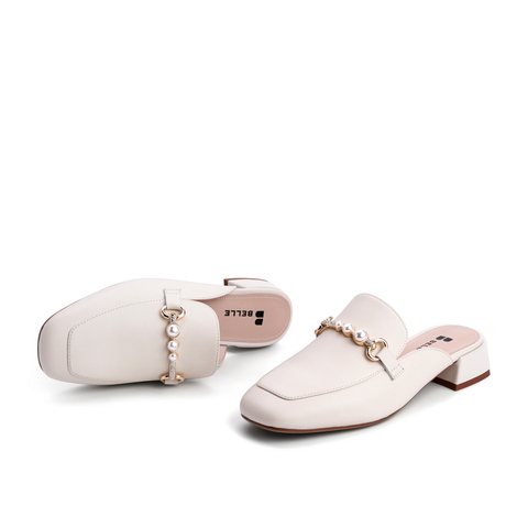 百丽2021春新珍珠装饰女慵懒休闲穆勒鞋半拖鞋外穿3E738AH1