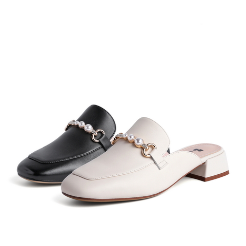 百丽2021春新珍珠装饰女慵懒休闲穆勒鞋半拖鞋外穿3E738AH1