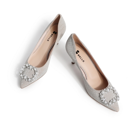 百丽晚宴高跟鞋女2021春新商场同款亮片细跟尖头单鞋3DZ15AQ1