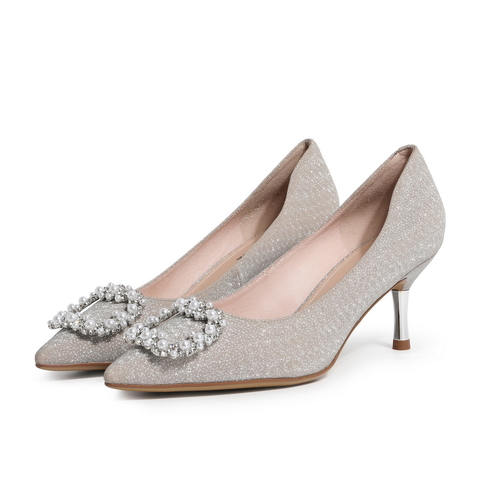 百丽晚宴高跟鞋女2021春新商场同款亮片细跟尖头单鞋3DZ15AQ1