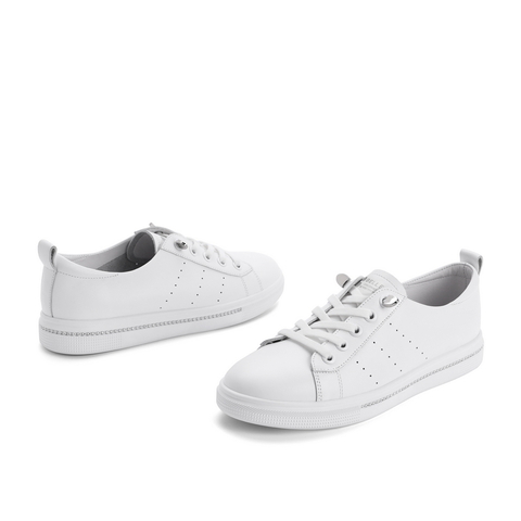 百丽小白鞋女2021春新款牛皮革厚底免系带水钻休闲板鞋58181AM1