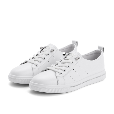 百丽小白鞋女2021春新款牛皮革厚底免系带水钻休闲板鞋58181AM1