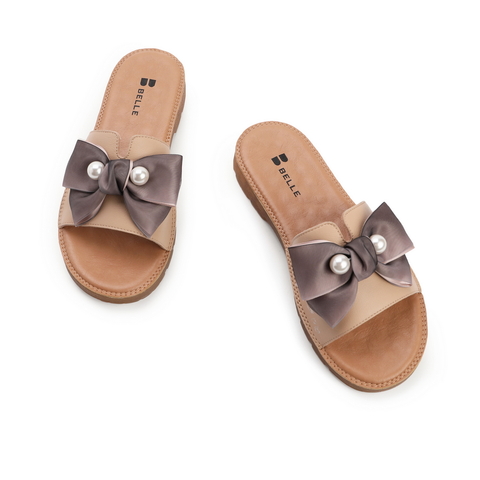 百丽时尚一字拖女2021夏新牛皮革甜美蝴蝶结平底凉拖鞋22966BT1