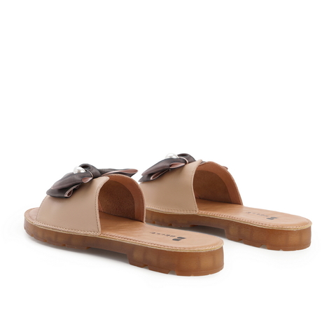 百丽时尚一字拖女2021夏新牛皮革甜美蝴蝶结平底凉拖鞋22966BT1