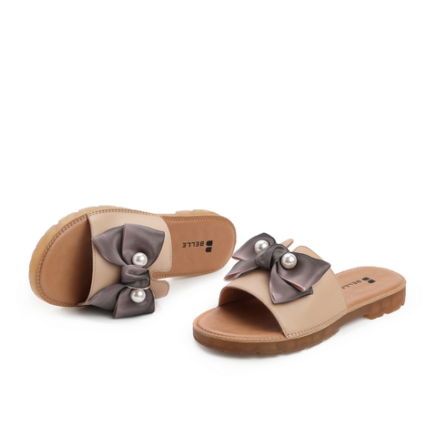 百丽时尚一字拖女2021夏新牛皮革甜美蝴蝶结平底凉拖鞋22966BT1