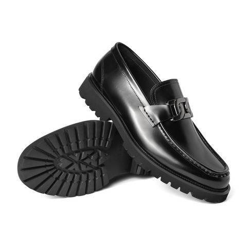 百丽厚底乐福鞋男2021春新牛皮革英伦风黑色商务休闲鞋12726AM1