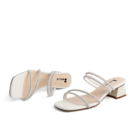 百丽时尚凉拖女2021商场同款钻带石头纹粗跟拖鞋外穿3NE31BT1