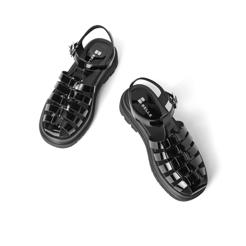 百丽2021商场同款牛皮革女松糕厚底休闲罗马凉鞋3L135BL1