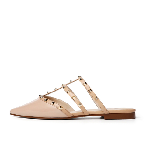 百丽平底穆勒鞋2021女漆皮牛皮革铆钉休闲半拖鞋3KZC5BH1